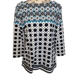 Charter Club Womens M Geometric Print Boat Neck 3/4 Sleeve Top Shirt M